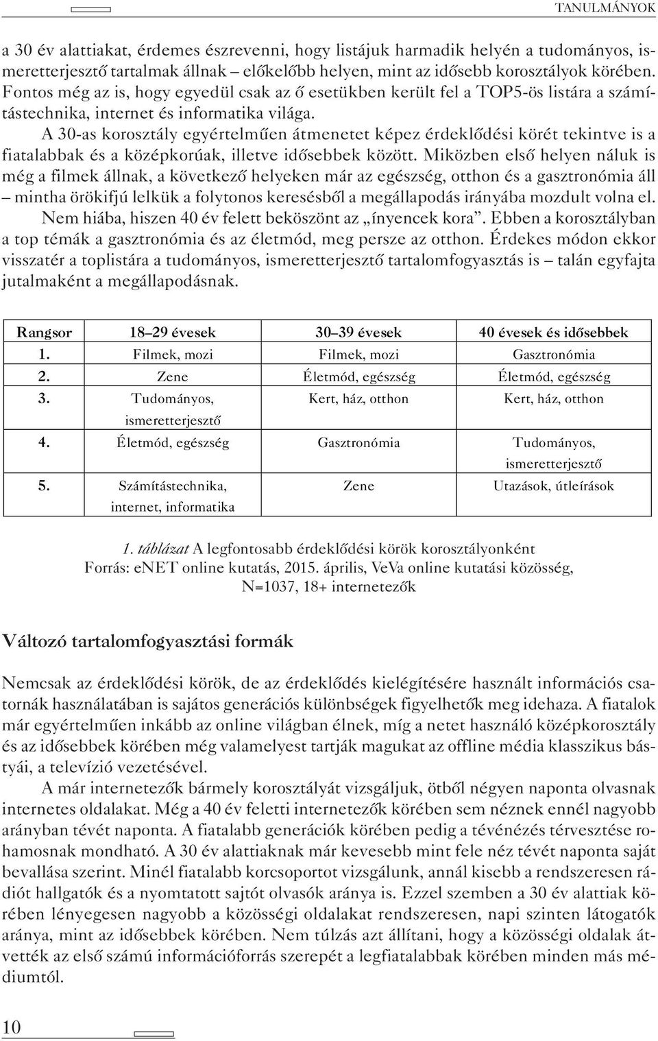 A 30-as korosztály egyértelműen átmenetet képez érdeklődési körét tekintve is a fiatalabbak és a középkorúak, illetve idősebbek között.