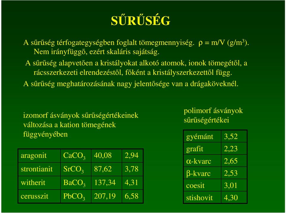 A sőrőség meghatározásának nagy jelentısége van a drágaköveknél.