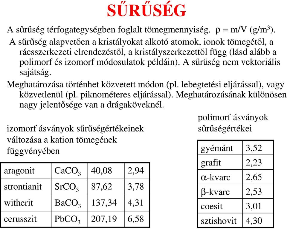 A sőrőség nem vektoriális sajátság. Meghatározása történhet közvetett módon (pl. lebegtetési eljárással), vagy közvetlenül (pl. piknométeres eljárással).