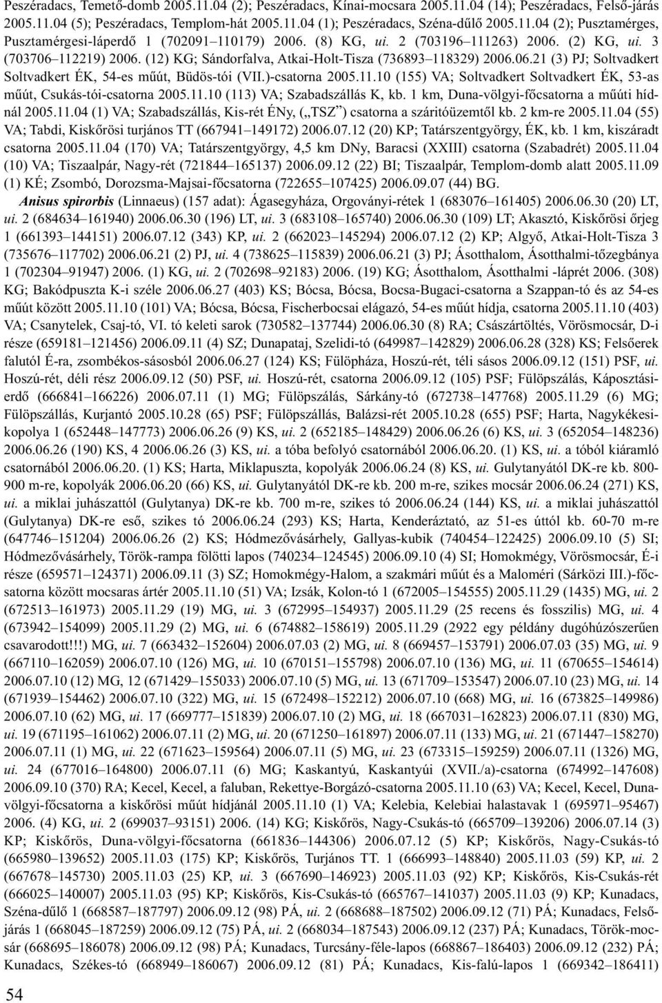 )-csatorna 2005.11.10 (155) VA; Soltvadkert Soltvadkert ÉK, 53-as mûút, Csukás-tói-csatorna 2005.11.10 (113) VA; Szabadszállás K, kb. 1 km, Duna-völgyi-fõcsatorna a mûúti hídnál 2005.11.04 (1) VA; Szabadszállás, Kis-rét ÉNy, ( TSZ ) csatorna a száritóüzemtõl kb.