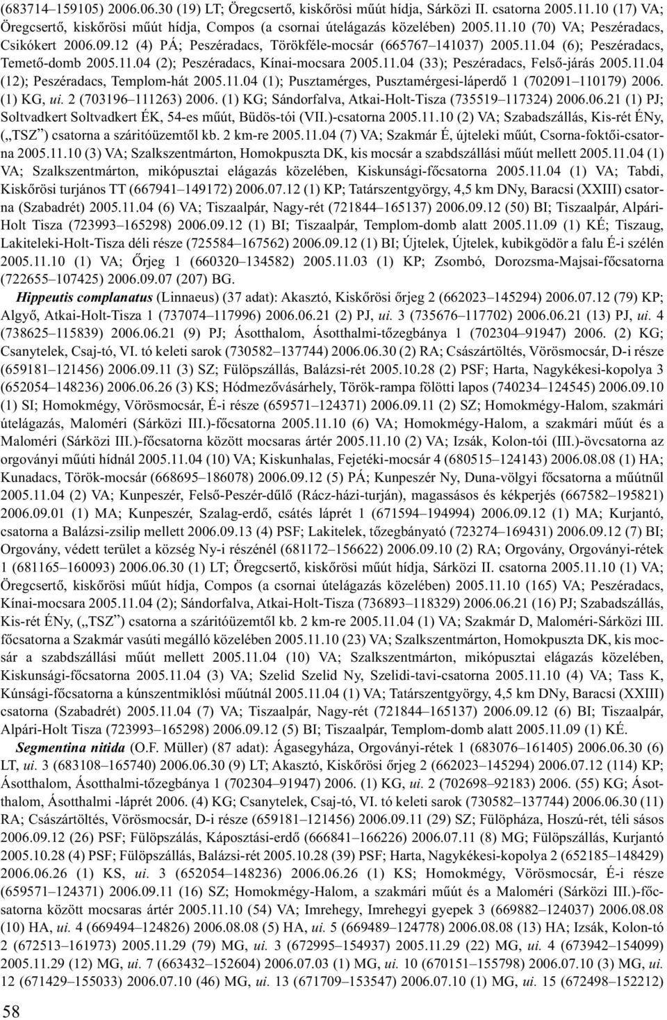 11.04 (1); Pusztamérges, Pusztamérgesi-láperdõ 1 (702091 110179) 2006. (1) KG, ui. 2 (703196 111263) 2006. (1) KG; Sándorfalva, Atkai-Holt-Tisza (735519 117324) 2006.06.21 (1) PJ; Soltvadkert Soltvadkert ÉK, 54-es mûút, Büdös-tói (VII.