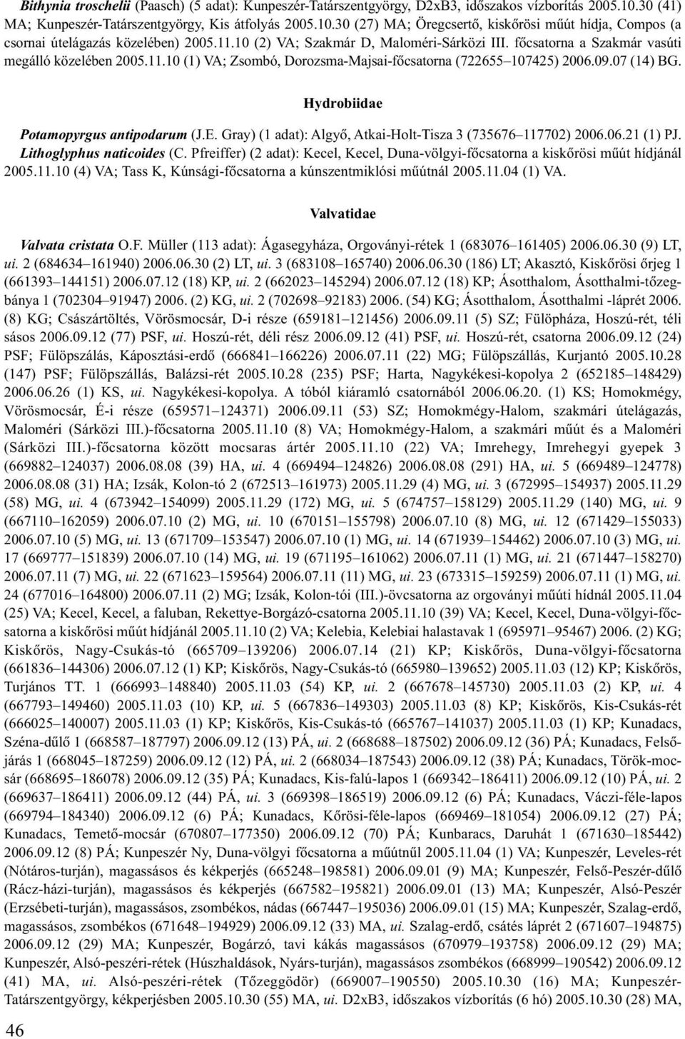 Hydrobiidae Potamopyrgus antipodarum (J.E. Gray) (1 adat): Algyõ, Atkai-Holt-Tisza 3 (735676 117702) 2006.06.21 (1) PJ. Lithoglyphus naticoides (C.