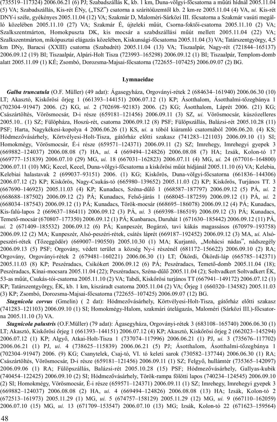 11.10 (2) VA; Szalkszentmárton, Homokpuszta DK, kis mocsár a szabdszállási mûút mellett 2005.11.04 (22) VA; Szalkszentmárton, mikópusztai elágazás közelében, Kiskunsági-fõcsatorna 2005.11.04 (3) VA; Tatárszentgyörgy, 4,5 km DNy, Baracsi (XXIII) csatorna (Szabadrét) 2005.