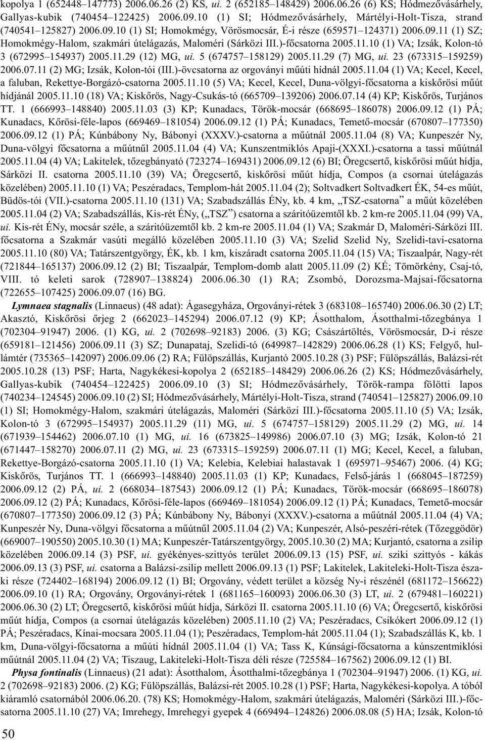 )-fõcsatorna 2005.11.10 (1) VA; Izsák, Kolon-tó 3 (672995 154937) 2005.11.29 (12) MG, ui. 5 (674757 158129) 2005.11.29 (7) MG, ui. 23 (673315 159259) 2006.07.11 (2) MG; Izsák, Kolon-tói (III.