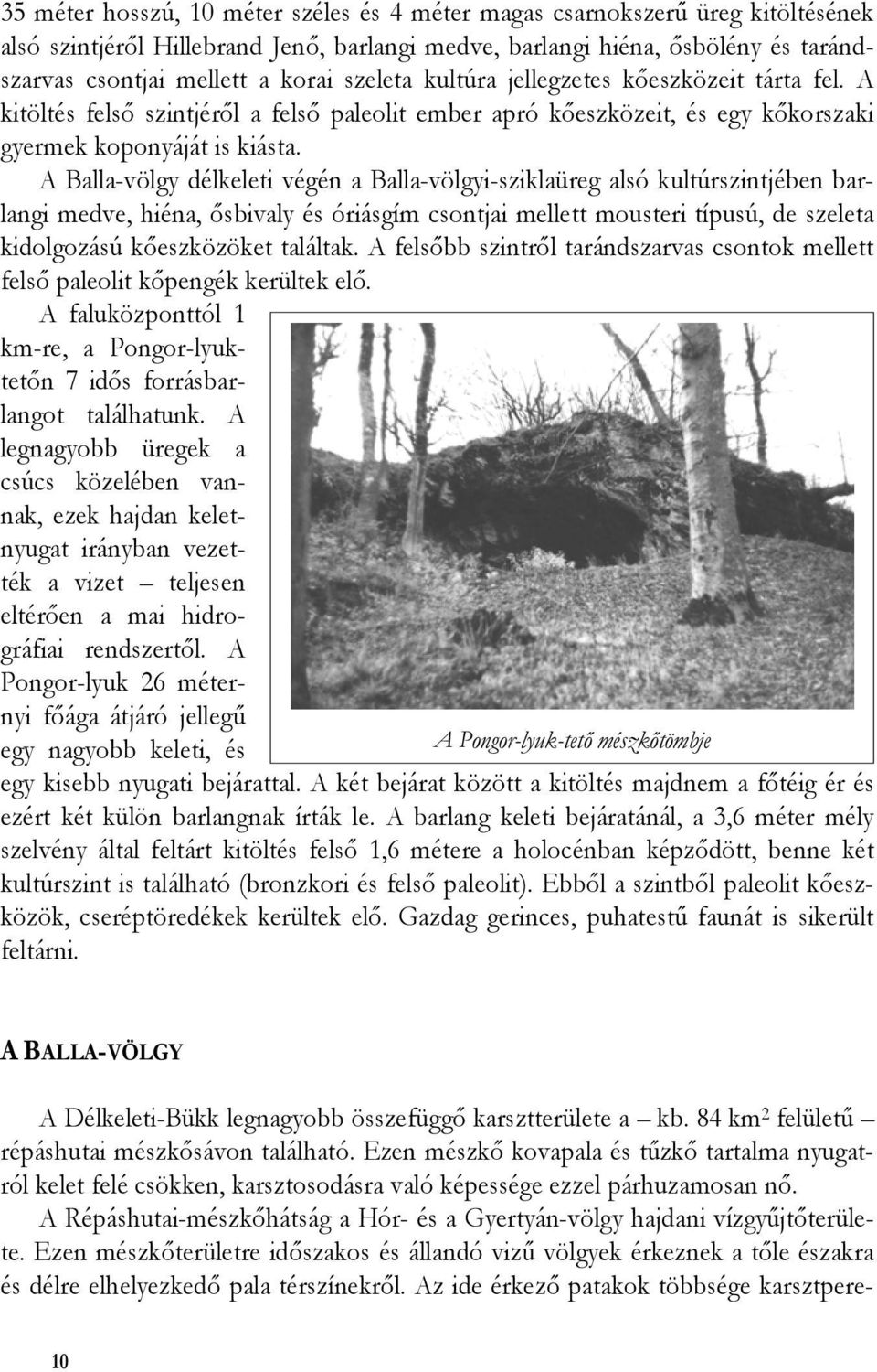 A Balla-völgy délkeleti végén a Balla-völgyi-sziklaüreg alsó kultúrszintjében barlangi medve, hiéna, ősbivaly és óriásgím csontjai mellett mousteri típusú, de szeleta kidolgozású kőeszközöket
