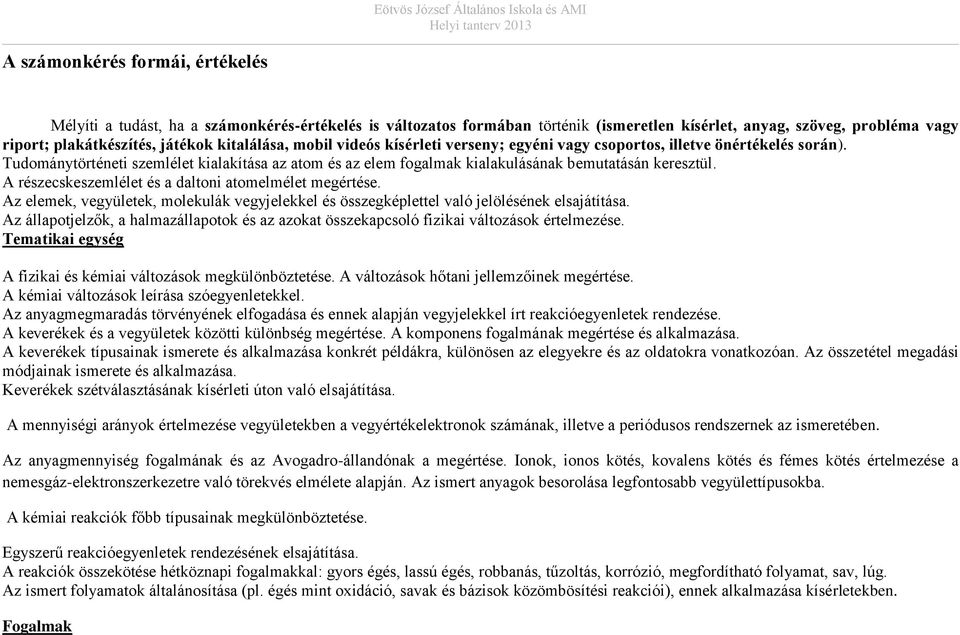 A részecskeszemlélet és a daltoni atomelmélet megértése. Az elemek, vegyületek, molekulák vegyjelekkel és összegképlettel való jelölésének elsajátítása.