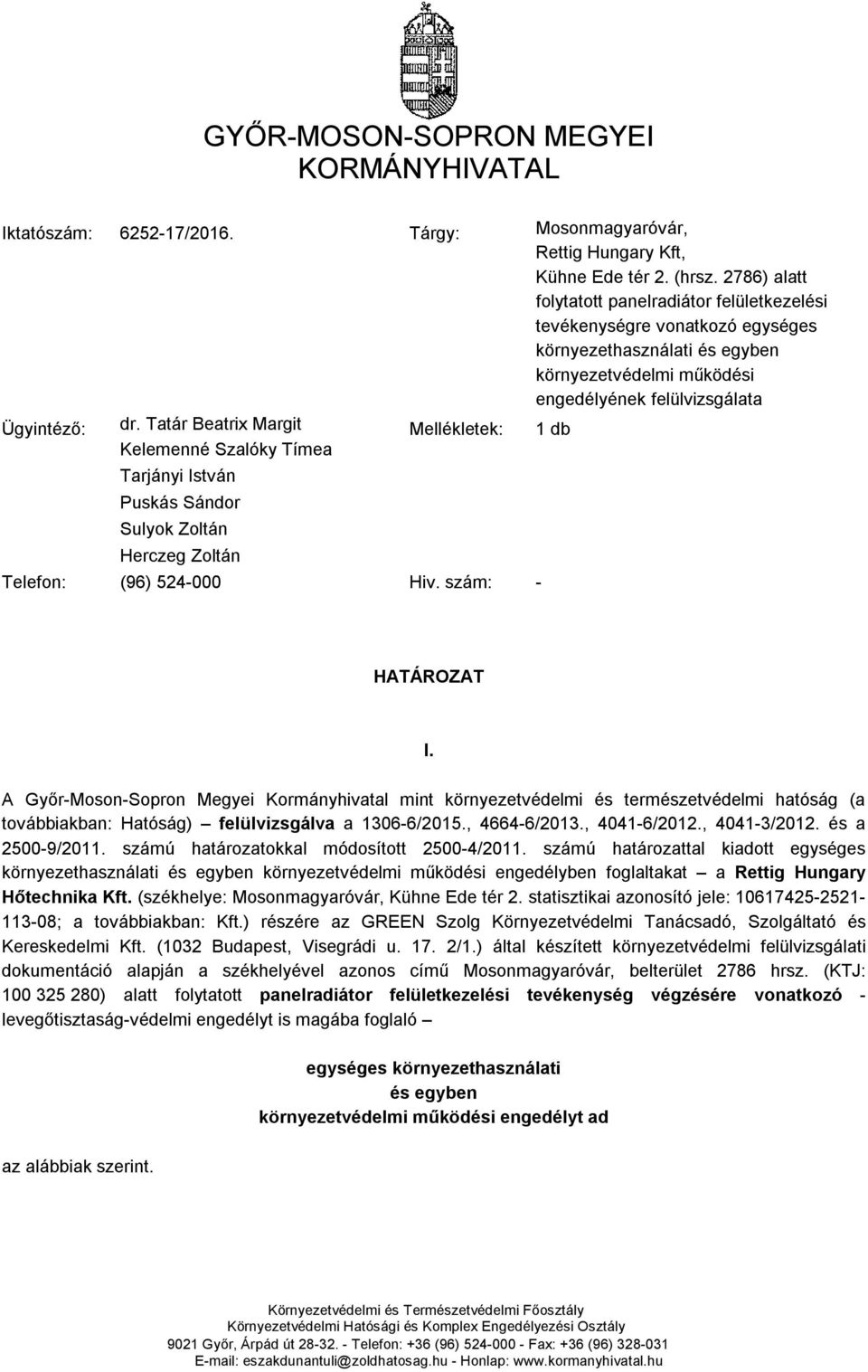 Tatár Beatrix Margit Kelemenné Szalóky Tímea Mellékletek: 1 db Tarjányi István Puskás Sándor Sulyok Zoltán Herczeg Zoltán Telefon: (96) 524-000 Hiv. szám: - HATÁROZAT I.