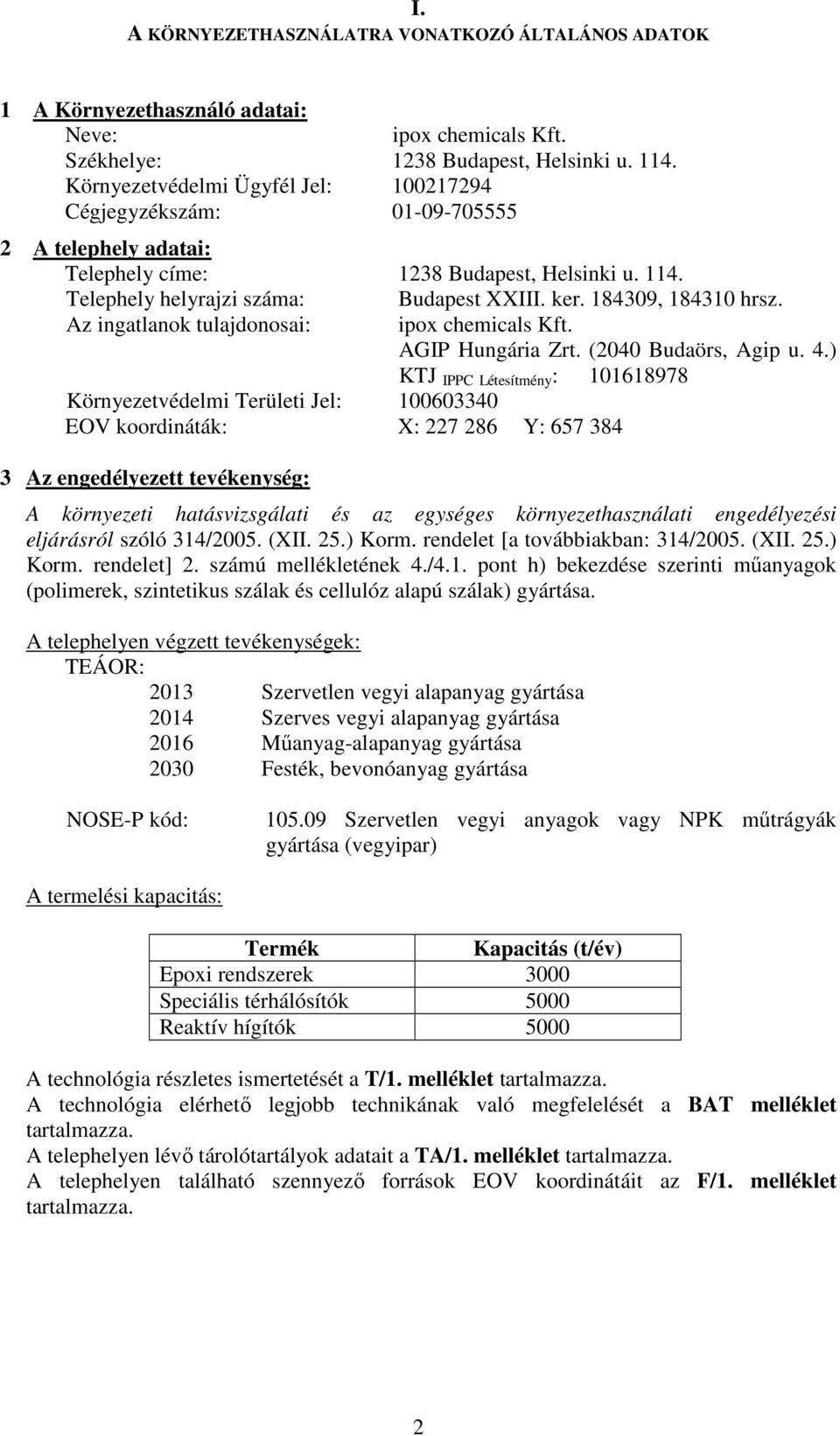 184309, 184310 hrsz. Az ingatlanok tulajdonosai: ipox chemicals Kft. AGIP Hungária Zrt. (2040 Budaörs, Agip u. 4.