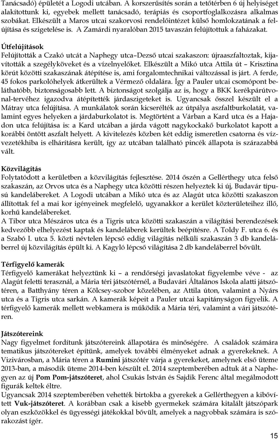 Útfelújítások Felújították a Czakó utcát a Naphegy utca Dezső utcai szakaszon: újraaszfaltoztak, kijavították a szegélyköveket és a vízelnyelőket.