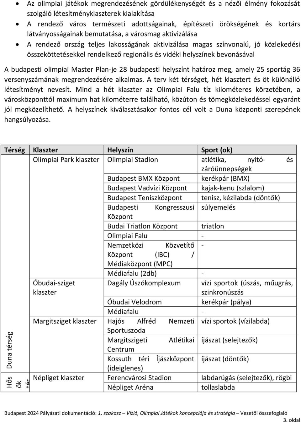 rendelkező regionális és vidéki helyszínek bevonásával A budapesti olimpiai Master Plan-je 28 budapesti helyszínt határoz meg, amely 25 sportág 36 versenyszámának megrendezésére alkalmas.