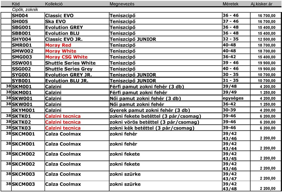 Teniszcipő JUNIOR 32-35 12 500,00 SMR001 Moray Red Teniszcipő 40-48 1 SMW002 Moray White Teniszcipő 40-48 1 SMG003 Moray CSG White Teniszcipő 36-42 15 400,00 SSW001 Shuttle Series White Teniszcipő