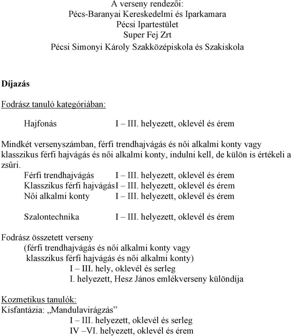 Férfi trendhajvágás I III. helyezett, oklevél és érem Klasszikus férfi hajvágás I III. helyezett, oklevél és érem Női alkalmi konty I III. helyezett, oklevél és érem Szalontechnika I III.