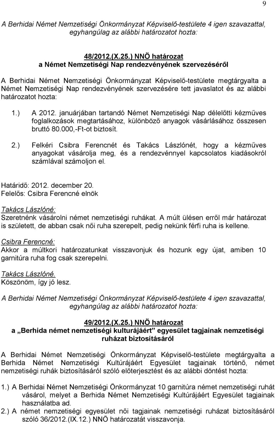 ) Felkéri Csibra Ferencnét és Takács Lászlónét, hogy a kézműves anyagokat vásárolja meg, és a rendezvénnyel kapcsolatos kiadásokról számlával számoljon el. Határidő: 2012. december 20.