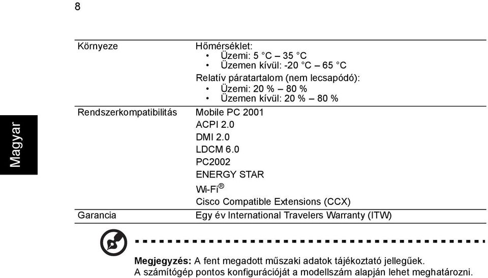 0 PC2002 ENERGY STAR Wi-Fi Cisco Compatible Extensions (CCX) Garancia Egy év International Travelers Warranty (ITW)