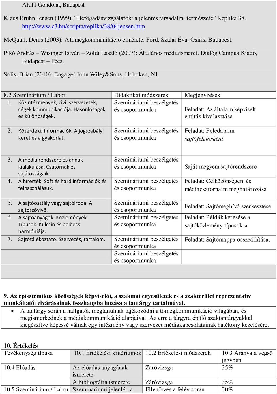 Dialóg Campus Kiadó, Budapest Pécs. Solis, Brian (2010): Engage! John Wiley&Sons, Hoboken, NJ. 8.2 Szeminárium / Labor Didaktikai módszerek Megjegyzések 1.