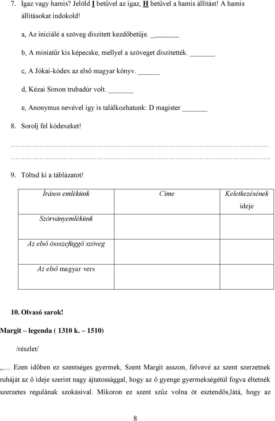 Sorolj fel kódexeket!. 9. Töltsd ki a táblázatot! Írásos emlékünk Címe Keletkezésének ideje Szórványemlékünk Az első össszefüggő szöveg Az első magyar vers 10. Olvasó sarok! Margit legenda ( 1310 k.