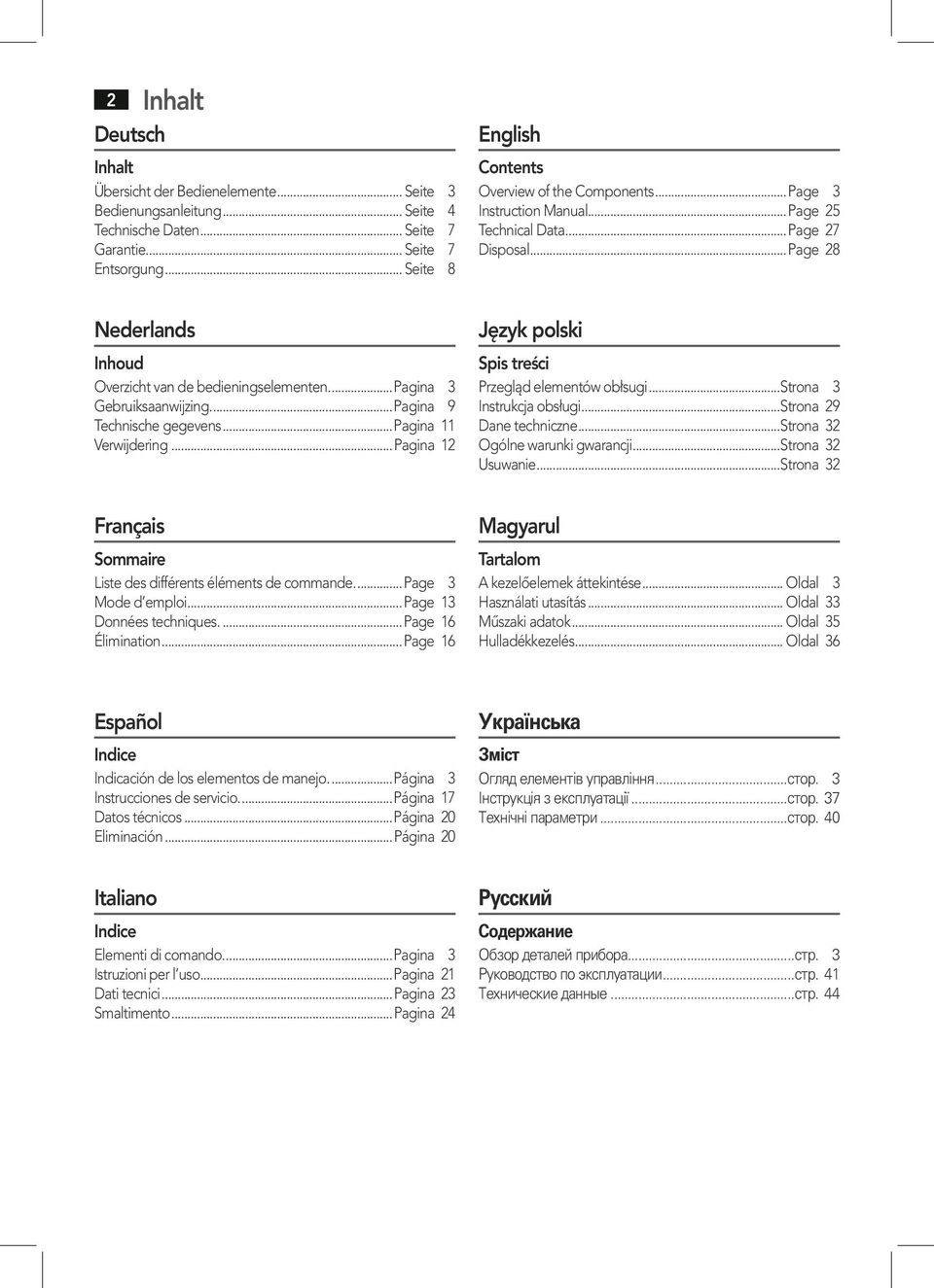 ..pagina 3 Gebruiksaanwijzing...Pagina 9 Technische gegevens...pagina 11 Verwijdering...Pagina 12 Język polski Spis treści Przegląd elementów obłsugi...strona 3 Instrukcja obsługi.