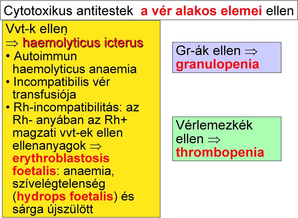 Rh-incompatibilitás: az Rh- anyában az Rh+ magzati vvt-ek ellen ellenanyagok