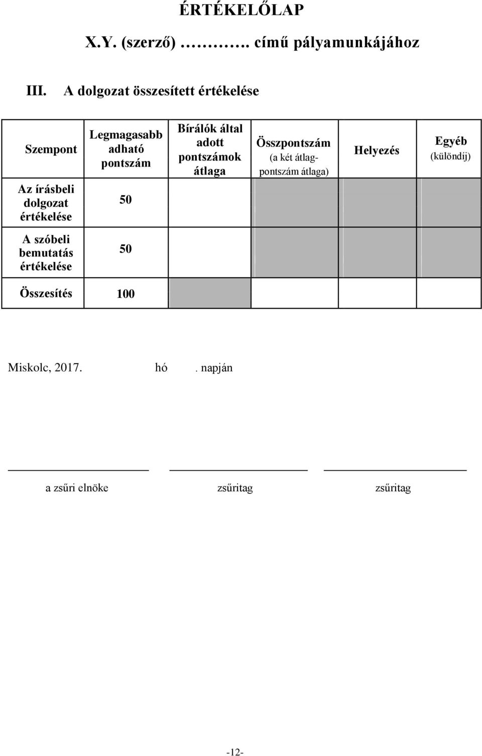 pontszám 50 Bírálók által adott pontszámok átlaga Összpontszám (a két átlagpontszám átlaga)