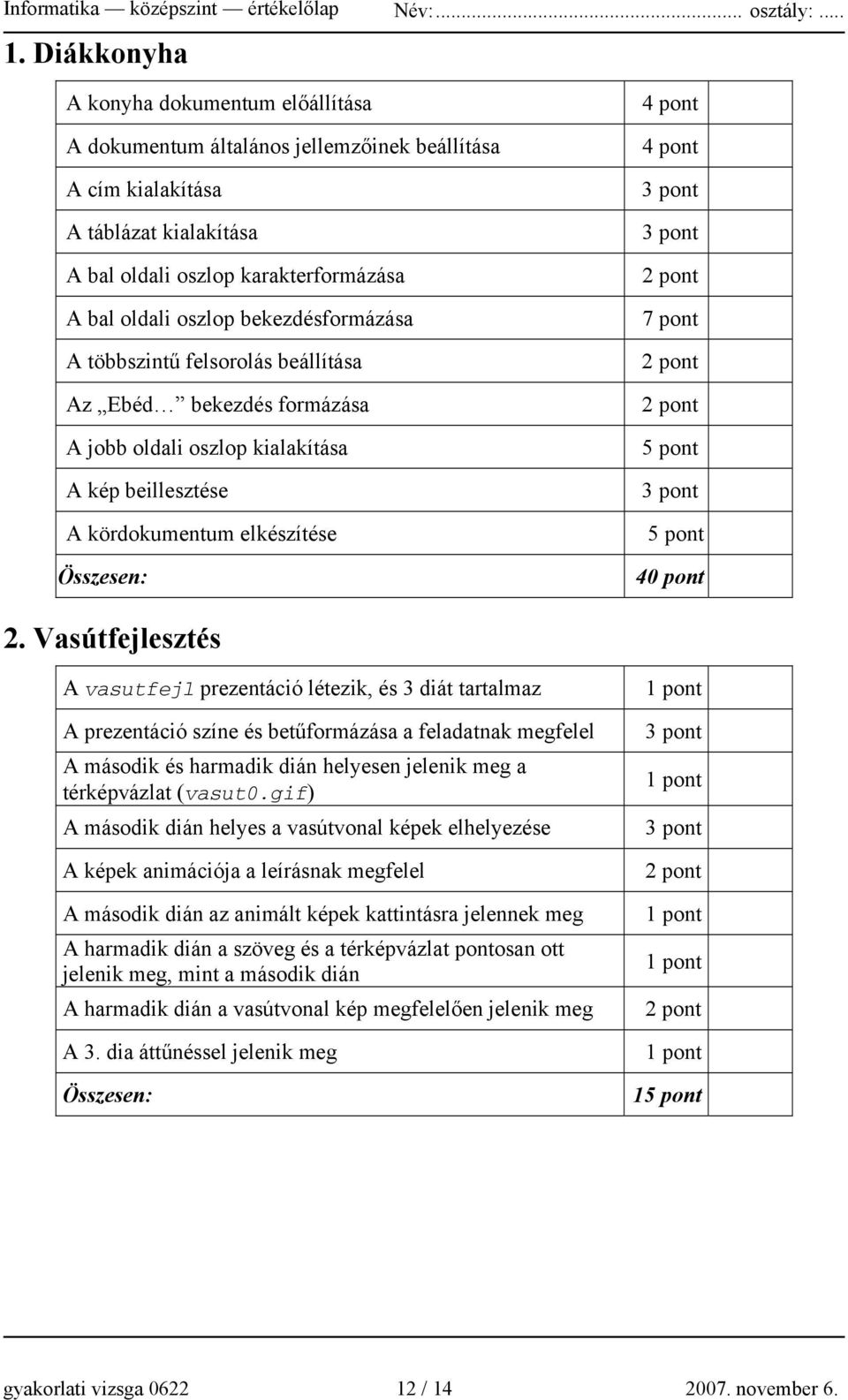 bekezdésformázása A többszintű felsorolás beállítása Az Ebéd bekezdés formázása A jobb oldali oszlop kialakítása A kép beillesztése A kördokumentum elkészítése 7 pont 5 pont 5 pont 40 pont 2.