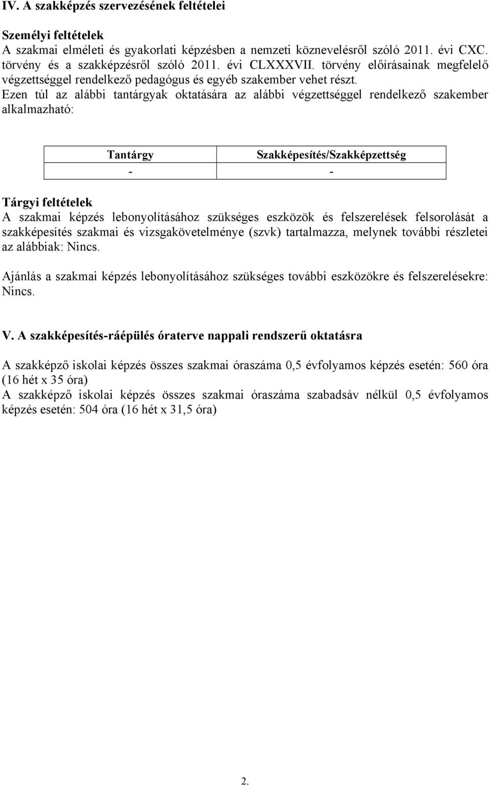 Ezen túl az alábbi tantárgyak oktatására az alábbi végzettséggel rendelkező szakember alkalmazható: Tantárgy Szakképesítés/Szakképzettség - - Tárgyi feltételek A szakmai képzés lebonyolításához