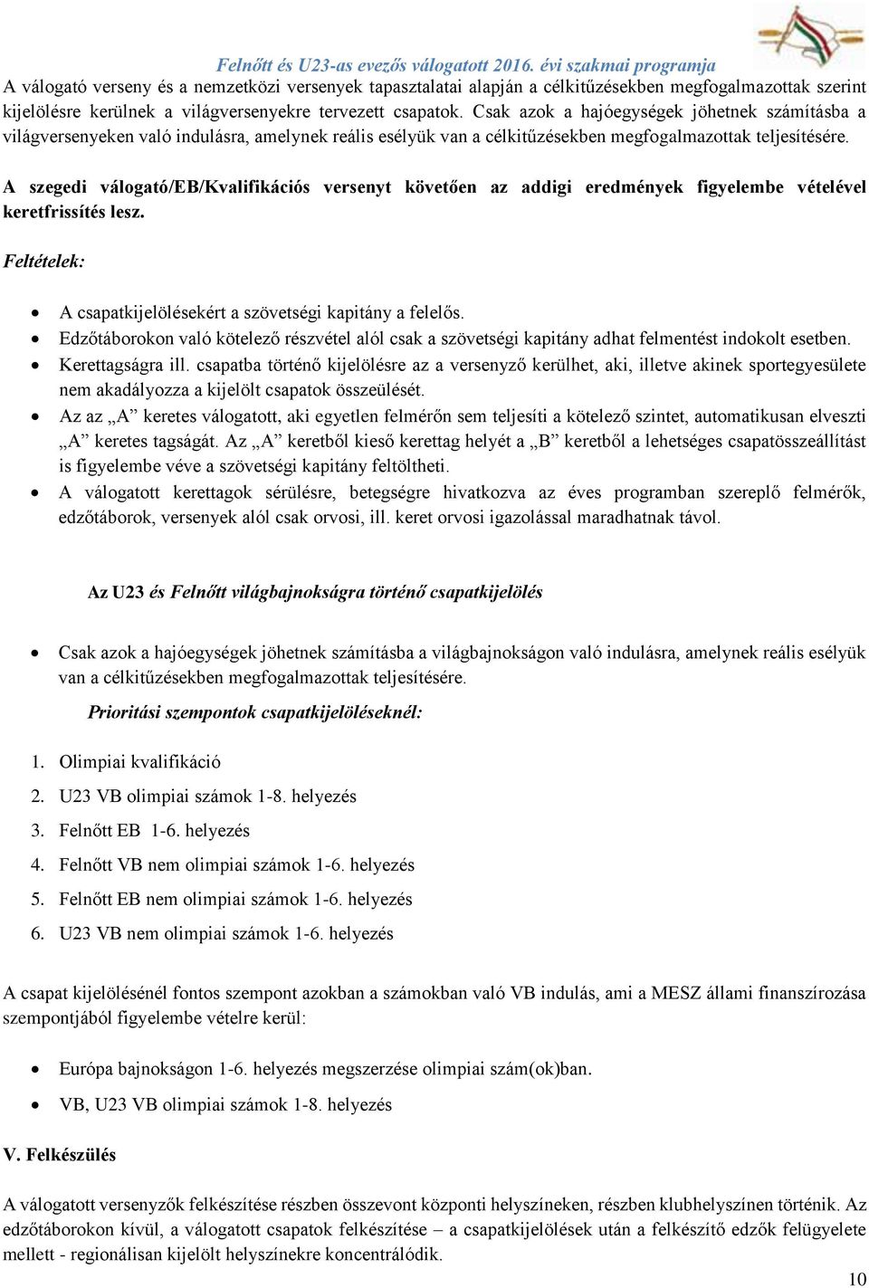 A szegedi válogató/eb/kvalifikációs versenyt követően az addigi eredmények figyelembe vételével keretfrissítés lesz. Feltételek: A csapatkijelölésekért a szövetségi kapitány a felelős.