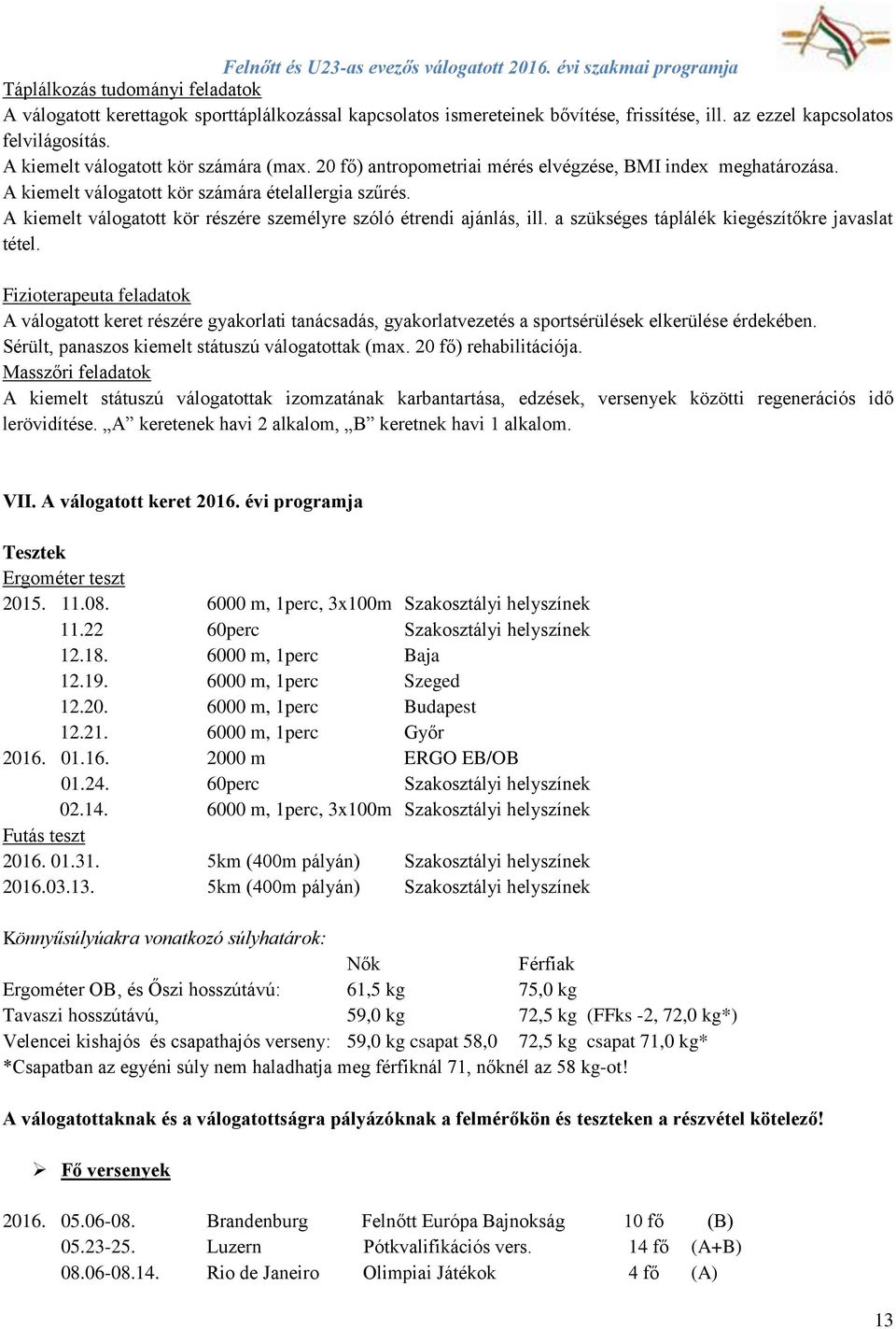 A kiemelt válogatott kör részére személyre szóló étrendi ajánlás, ill. a szükséges táplálék kiegészítőkre javaslat tétel.