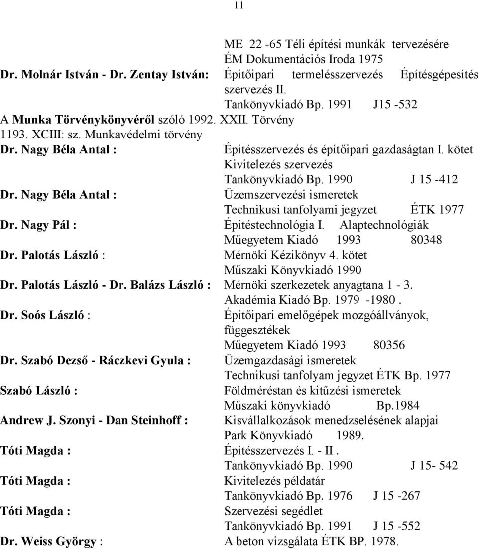 kötet Kivitelezés szervezés Tankönyvkiadó Bp. 1990 J 15-412 Üzemszervezési ismeretek Technikusi tanfolyami jegyzet ÉTK 1977 Dr. Nagy Pál : Építéstechnológia I.