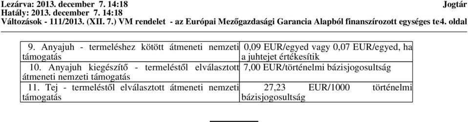 Anyajuh - termeléshez kötött átmeneti nemzeti 0,09 EUR/egyed vagy 0,07 EUR/egyed, ha a juhtejet értékesítik 10.