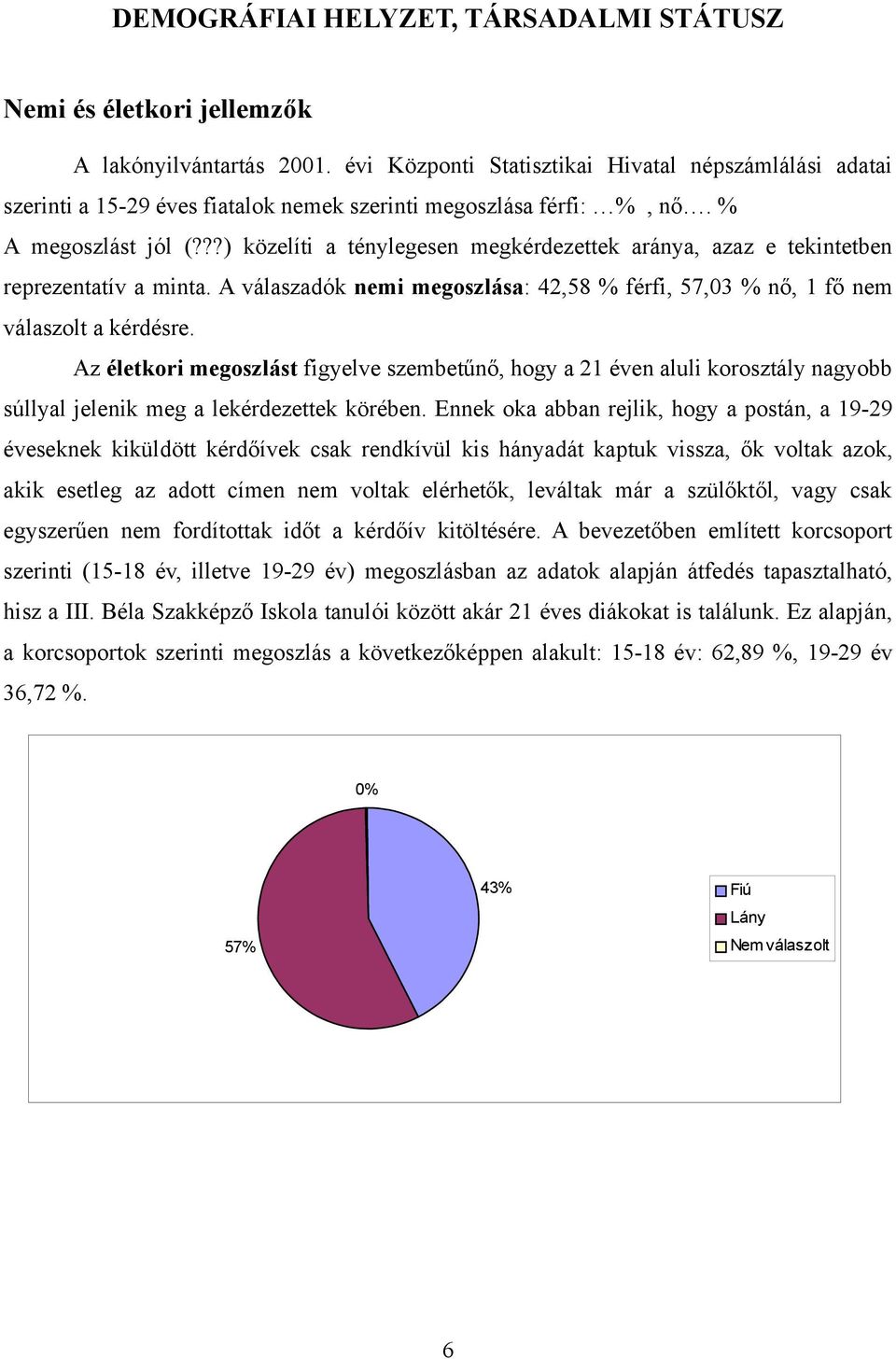 ??) közelíti a ténylegesen megkérdezettek aránya, azaz e tekintetben reprezentatív a minta. A válaszadók nemi megoszlása: 42,58 % férfi, 57,03 % nő, 1 fő nem válaszolt a kérdésre.