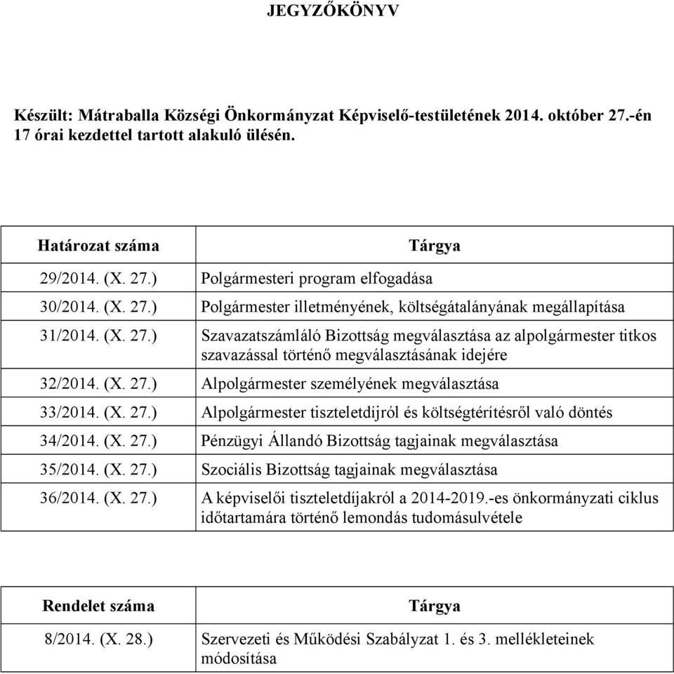 (X. 27.) Alpolgármester személyének megválasztása 33/2014. (X. 27.) Alpolgármester tiszteletdíjról és költségtérítésről való döntés 34/2014. (X. 27.) Pénzügyi Állandó Bizottság tagjainak megválasztása 35/2014.