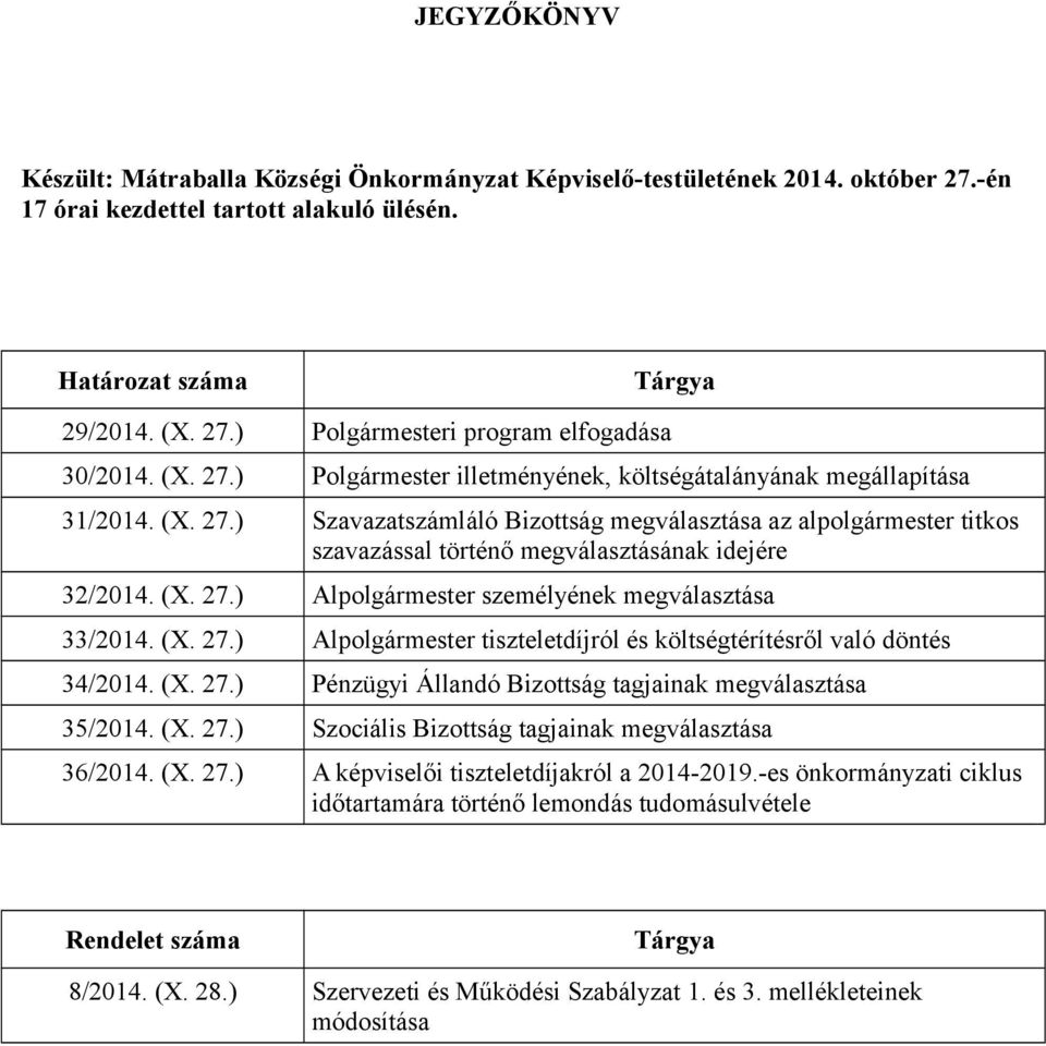 (X. 27.) Alpolgármester személyének megválasztása 33/2014. (X. 27.) Alpolgármester tiszteletdíjról és költségtérítésről való döntés 34/2014. (X. 27.) Pénzügyi Állandó Bizottság tagjainak megválasztása 35/2014.