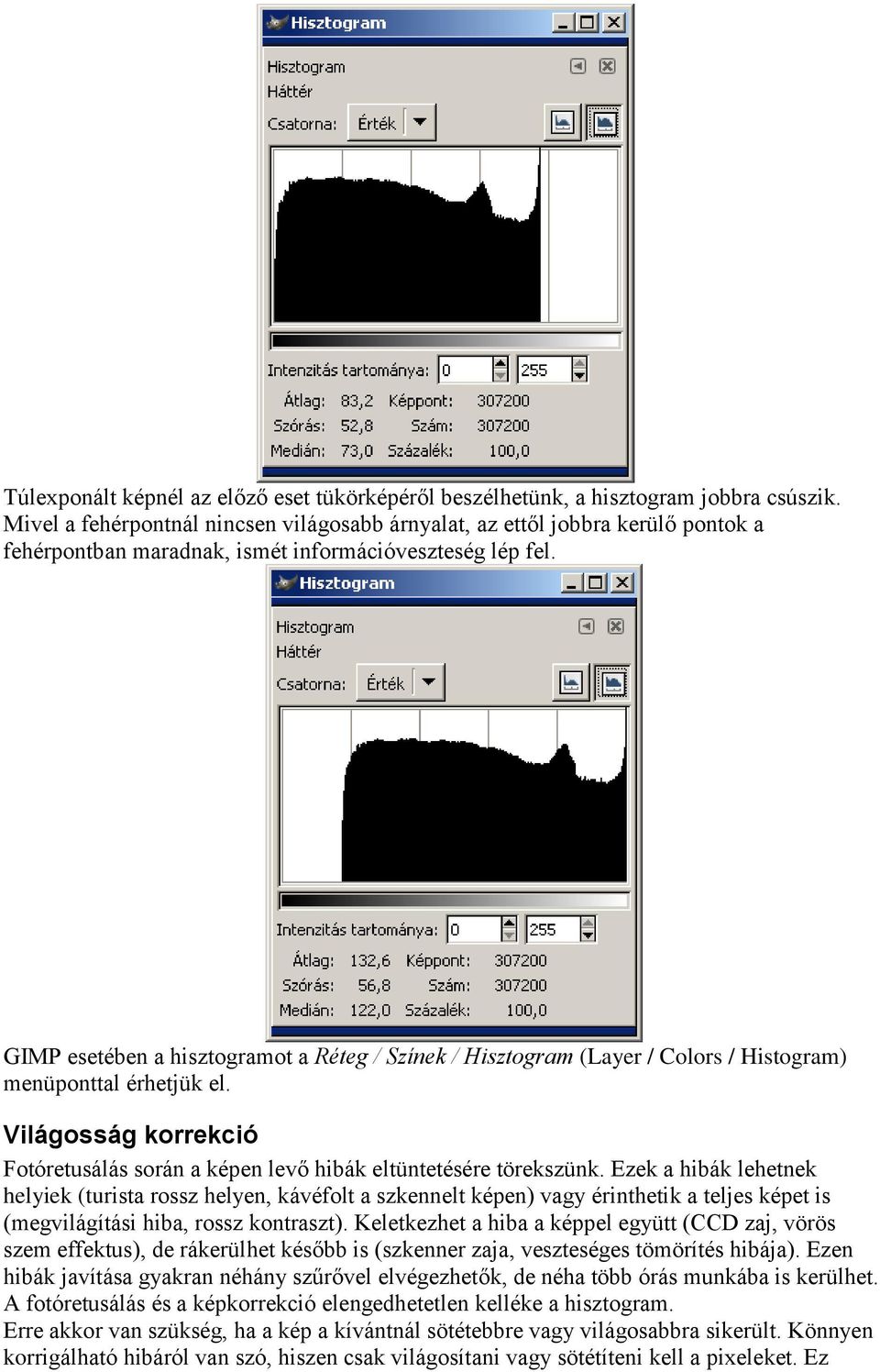 GIMP esetében a hisztogramot a Réteg / Színek / Hisztogram (Layer / Colors / Histogram) menüponttal érhetjük el. Világosság korrekció Fotóretusálás során a képen levő hibák eltüntetésére törekszünk.