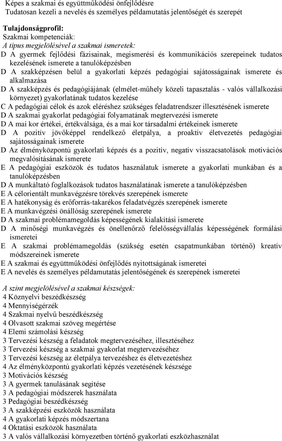 sajátosságainak ismerete és alkalmazása D A szakképzés és pedagógiájának (elmélet-műhely közeli tapasztalás - valós vállalkozási környezet) gyakorlatának tudatos kezelése C A pedagógiai célok és azok