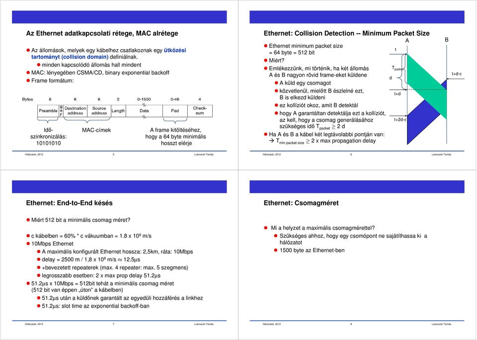 elérje Ethernet: Collision Detection -- Minimum Packet Size A Ethernet minimum packet size t = 64 byte = 512 bit Miért?