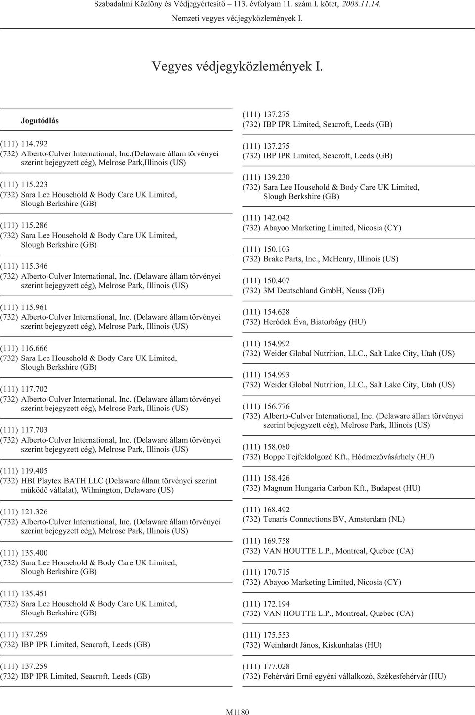 405 (732) HBI Playtex BATH LLC (Delaware állam törvényei szerint mûködõ vállalat), Wilmington, Delaware (US) (111) 121.326 (111) 135.400 (111) 135.451 (111) 137.259 (111) 137.259 (111) 137.275 (111) 137.