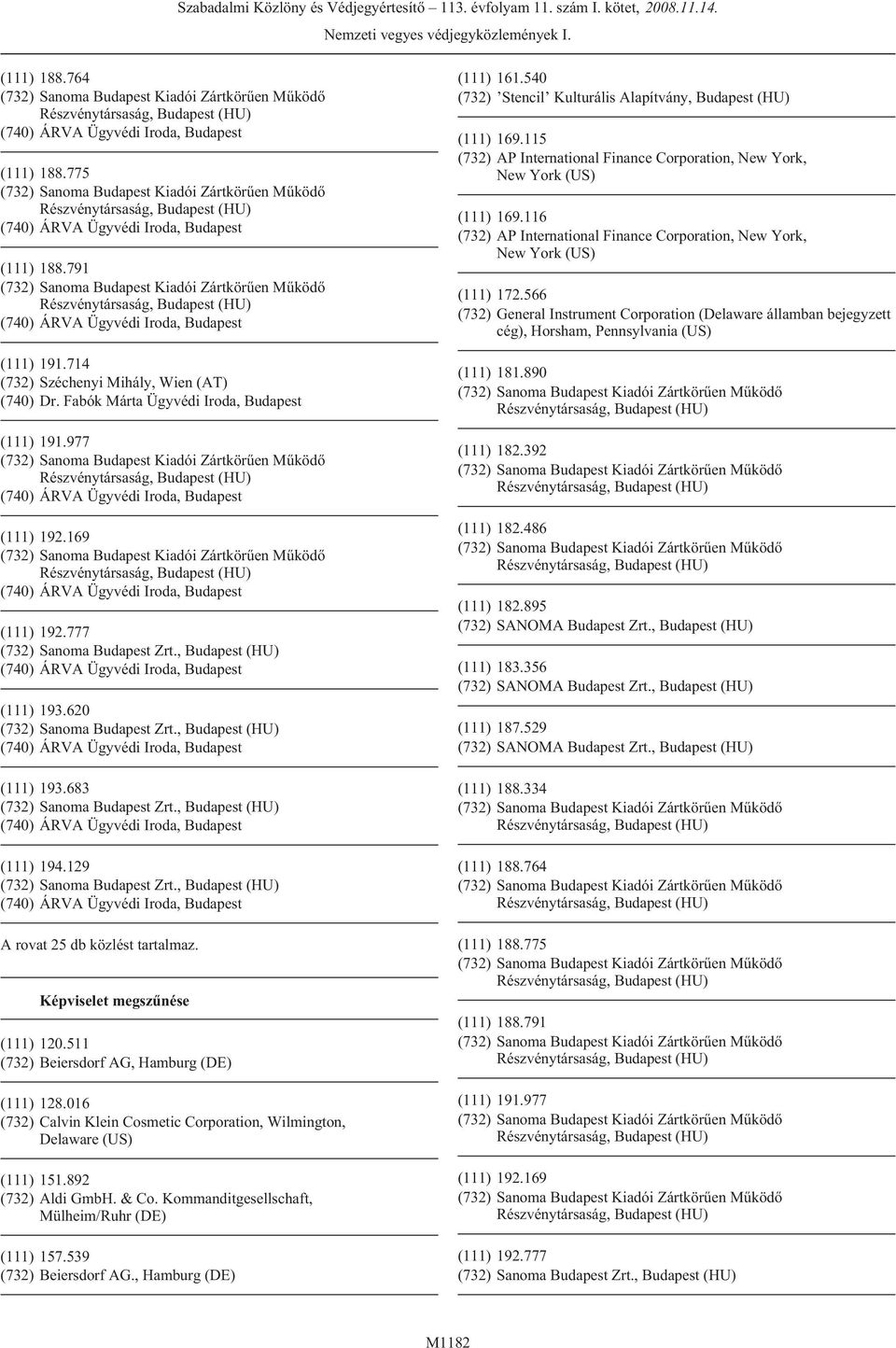 Képviselet megszûnése (111) 120.511 (732) Beiersdorf AG, Hamburg (DE) (111) 128.016 (732) Calvin Klein Cosmetic Corporation, Wilmington, Delaware (US) (111) 151.892 (732) Aldi GmbH. & Co.