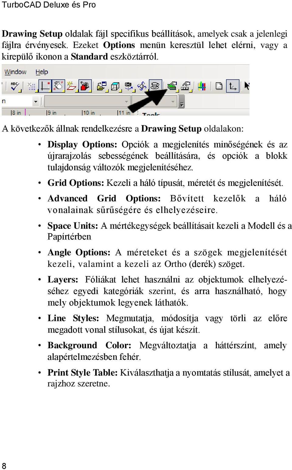A következők állnak rendelkezésre a Drawing Setup oldalakon: Display Options: Opciók a megjelenítés minőségének és az újrarajzolás sebességének beállítására, és opciók a blokk tulajdonság változók