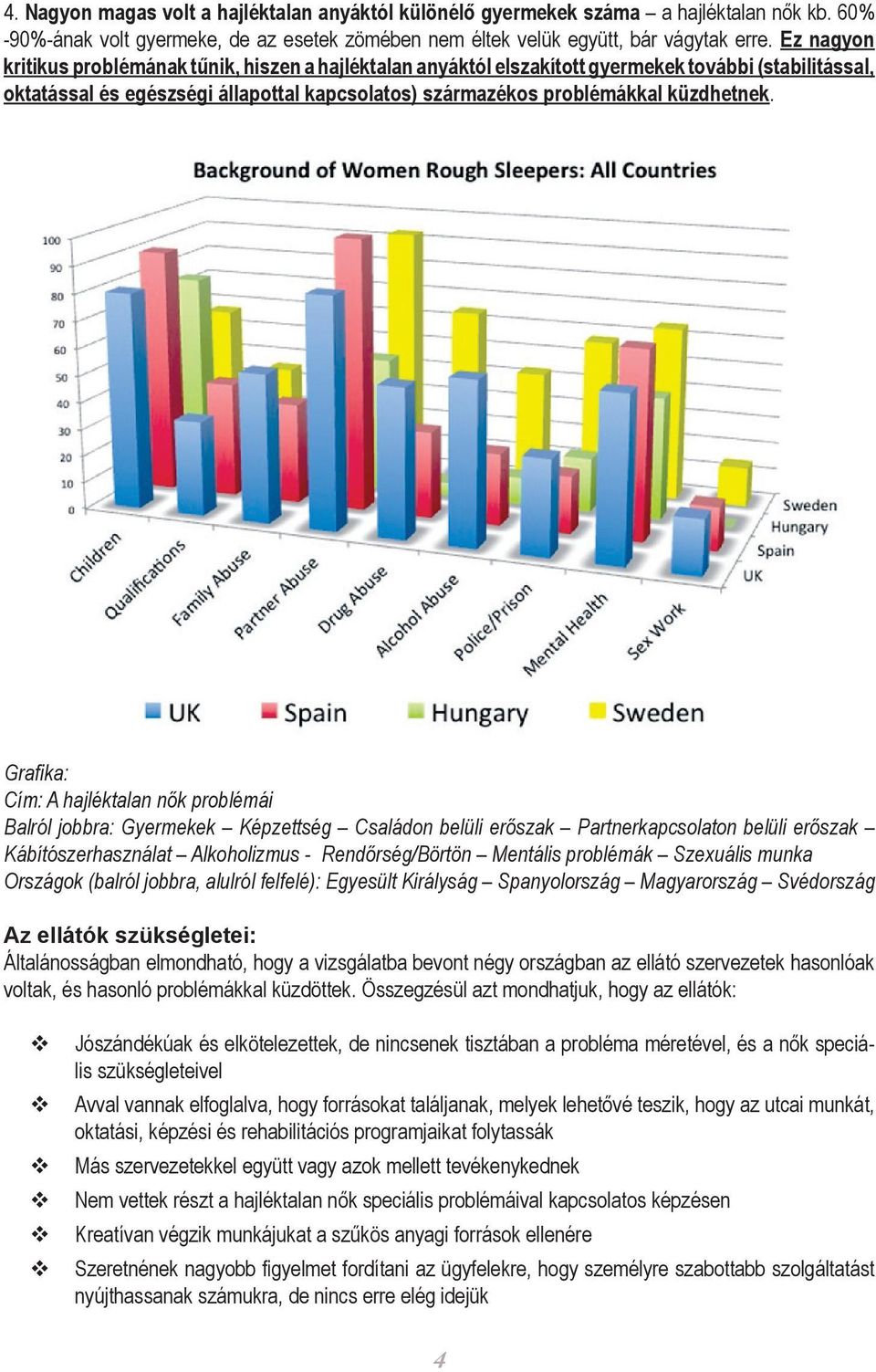 Grafika: Cím: A hajléktalan nők problémái Balról jobbra: Gyermekek Képzettség Családon belüli erőszak Partnerkapcsolaton belüli erőszak Kábítószerhasználat Alkoholizmus - Rendőrség/Börtön Mentális