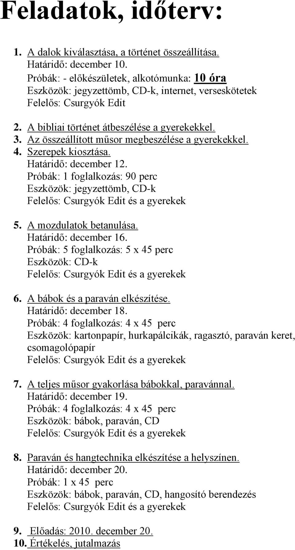 Az összeállított műsor megbeszélése a gyerekekkel. 4. Szerepek kiosztása. Határidő: december 12. Próbák: 1 foglalkozás: 90 perc Eszközök: jegyzettömb, CD-k Felelős: Csurgyók Edit és a gyerekek 5.