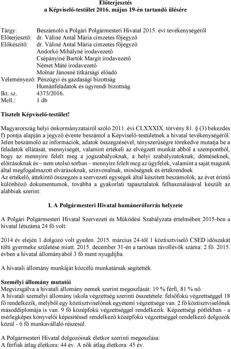 Váliné Antal Mária címzetes főjegyző Andorkó Mihályné irodavezető Csépányiné Bartók Margit irodavezető Német Máté irodavezető Molnár Jánosné titkársági előadó Véleményező: Pénzügyi és gazdasági