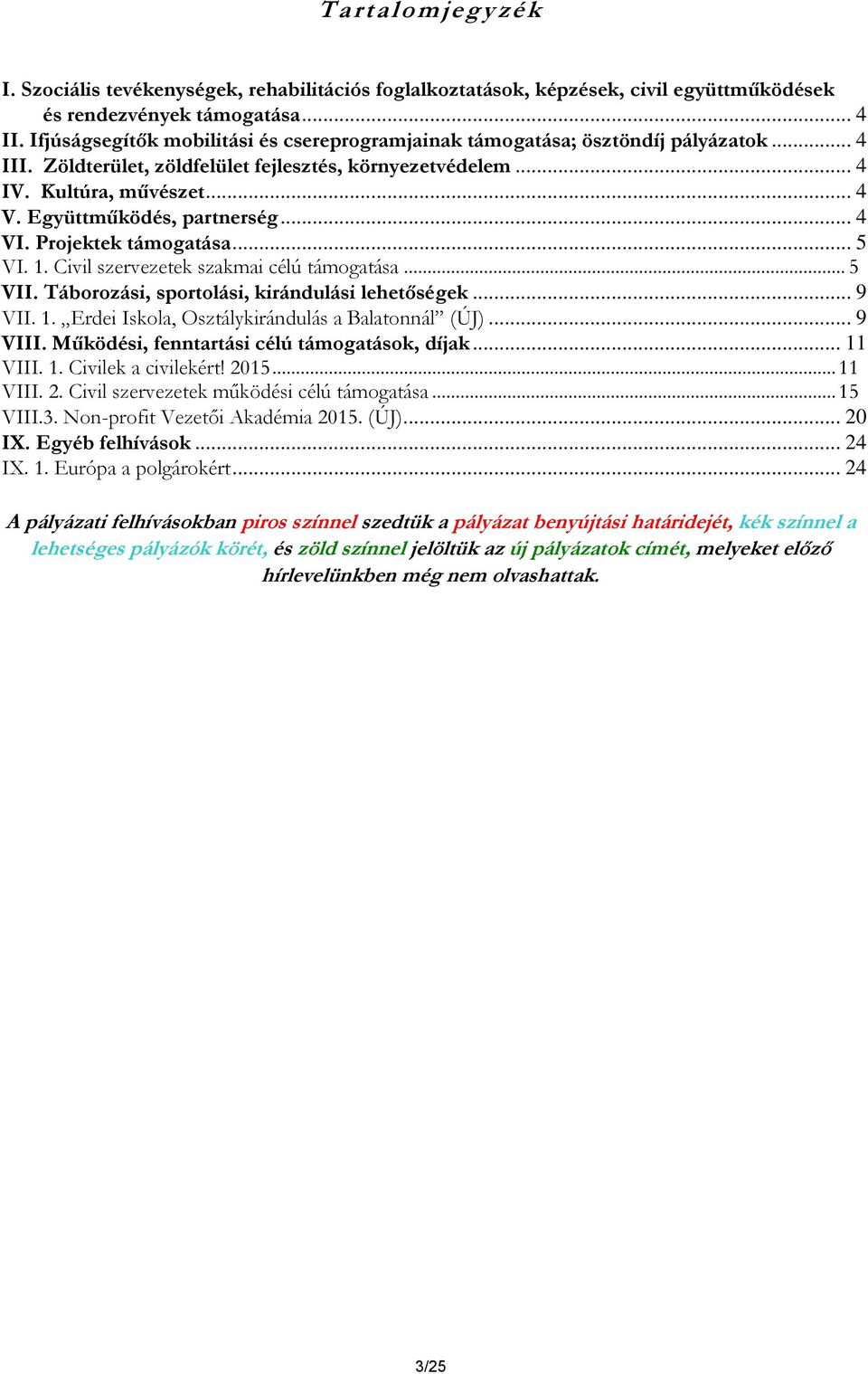 Együttműködés, partnerség... 4 VI. Projektek támogatása... 5 VI. 1. Civil szervezetek szakmai célú támogatása... 5 VII. Táborozási, sportolási, kirándulási lehetőségek... 9 VII. 1. Erdei Iskola, Osztálykirándulás a Balatonnál (ÚJ).