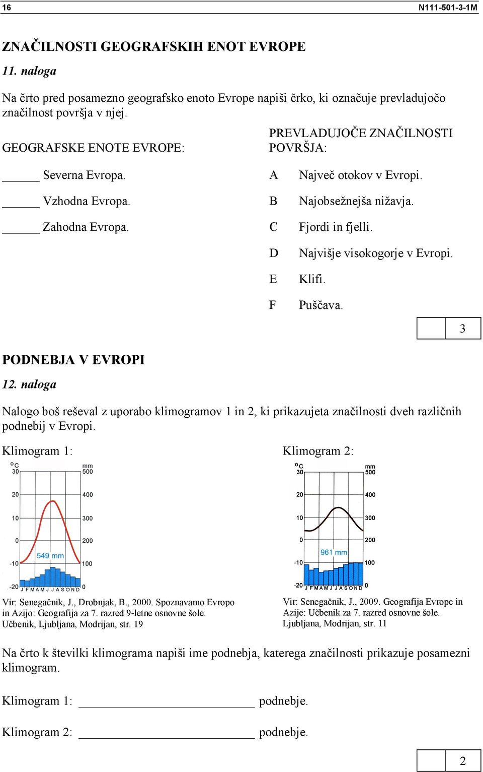 D E F Najvišje visokogorje v Evropi. Klifi. Puščava. 3 PODNEBJA V EVROPI 1. naloga Nalogo boš reševal z uporabo klimogramov 1 in, ki prikazujeta značilnosti dveh različnih podnebij v Evropi.