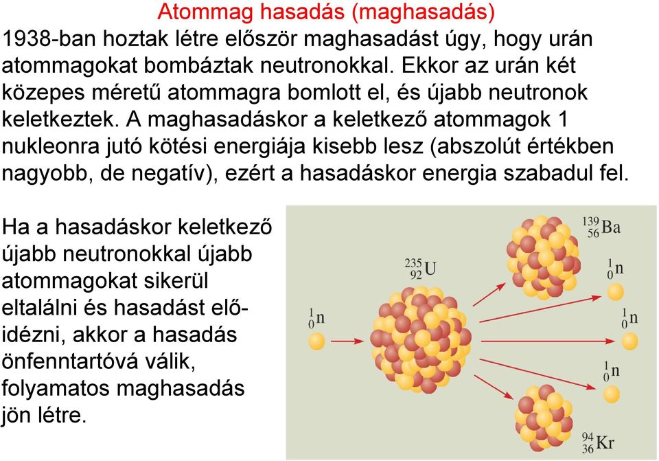 A maghasadáskor a keletkező atommagok 1 nukleonra jutó kötési energiája kisebb lesz (abszolút értékben nagyobb, de negatív), ezért a