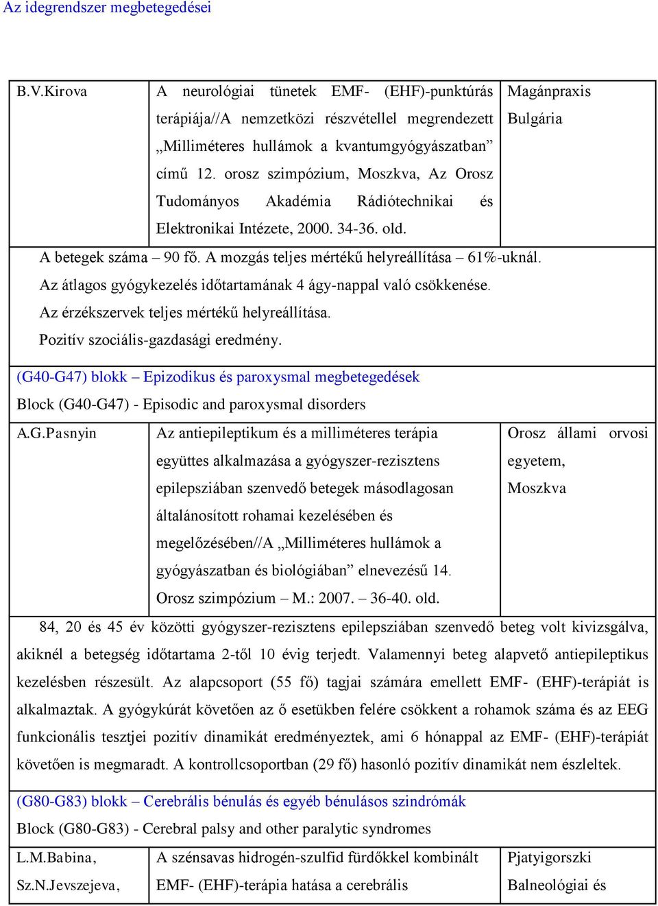 orosz szimpózium, Moszkva, Az Orosz Tudományos Akadémia Rádiótechnikai és Elektronikai Intézete, 2000. 34-36. old. A betegek száma 90 fő. A mozgás teljes mértékű helyreállítása 61%-uknál.