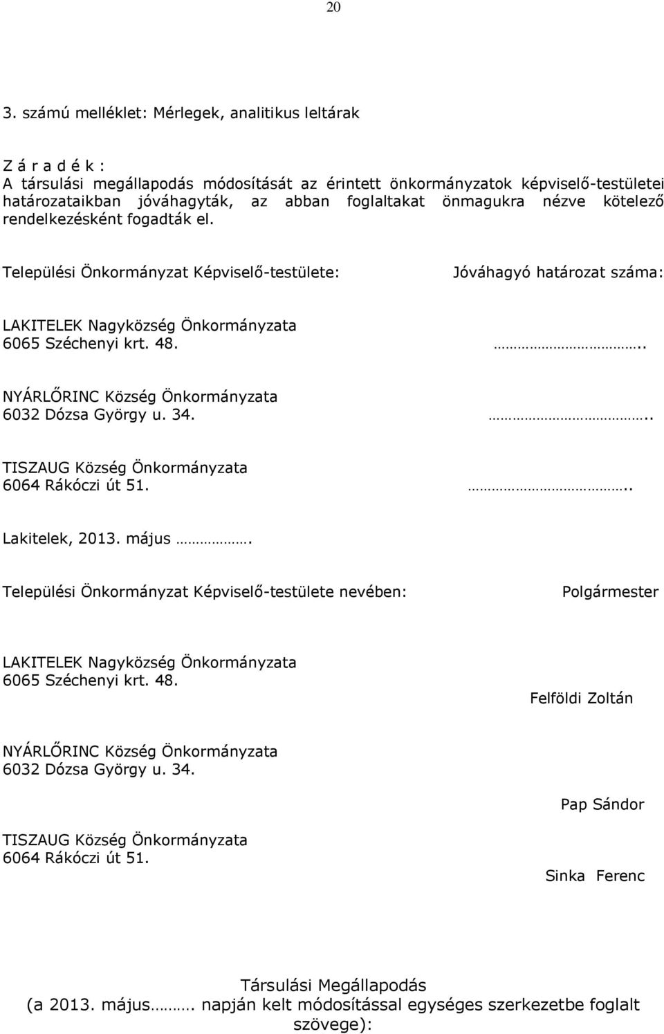 .. NYÁRLŐRINC Község Önkormányzata 6032 Dózsa György u. 34... TISZAUG Község Önkormányzata 6064 Rákóczi út 51... Lakitelek, 2013. május.