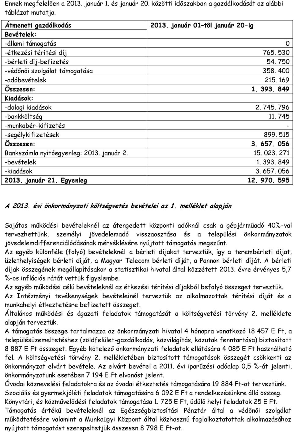 849 Kiadások: -dologi kiadások 2. 745. 796 -bankköltség 11. 745 -munkabér-kifizetés - -segélykifizetések 899. 515 Összesen: 3. 657. 056 Bankszámla nyitóegyenleg: 2013. január 2. 15. 023.