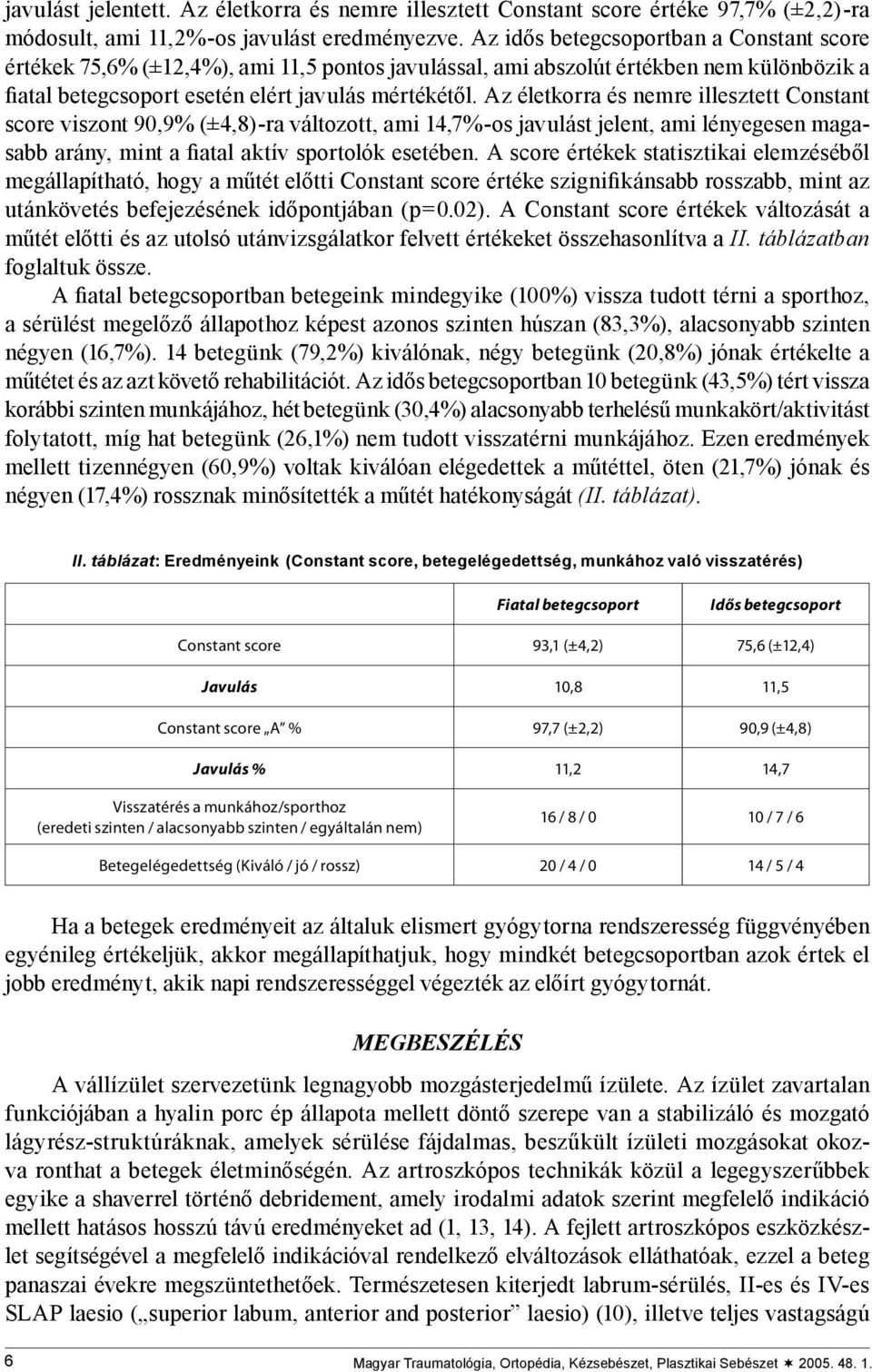 Az életkorra és nemre illesztett Constant score viszont 90,9% (±4,8)-ra változott, ami 14,7%-os javulást jelent, ami lényegesen magasabb arány, mint a fiatal aktív sportolók esetében.