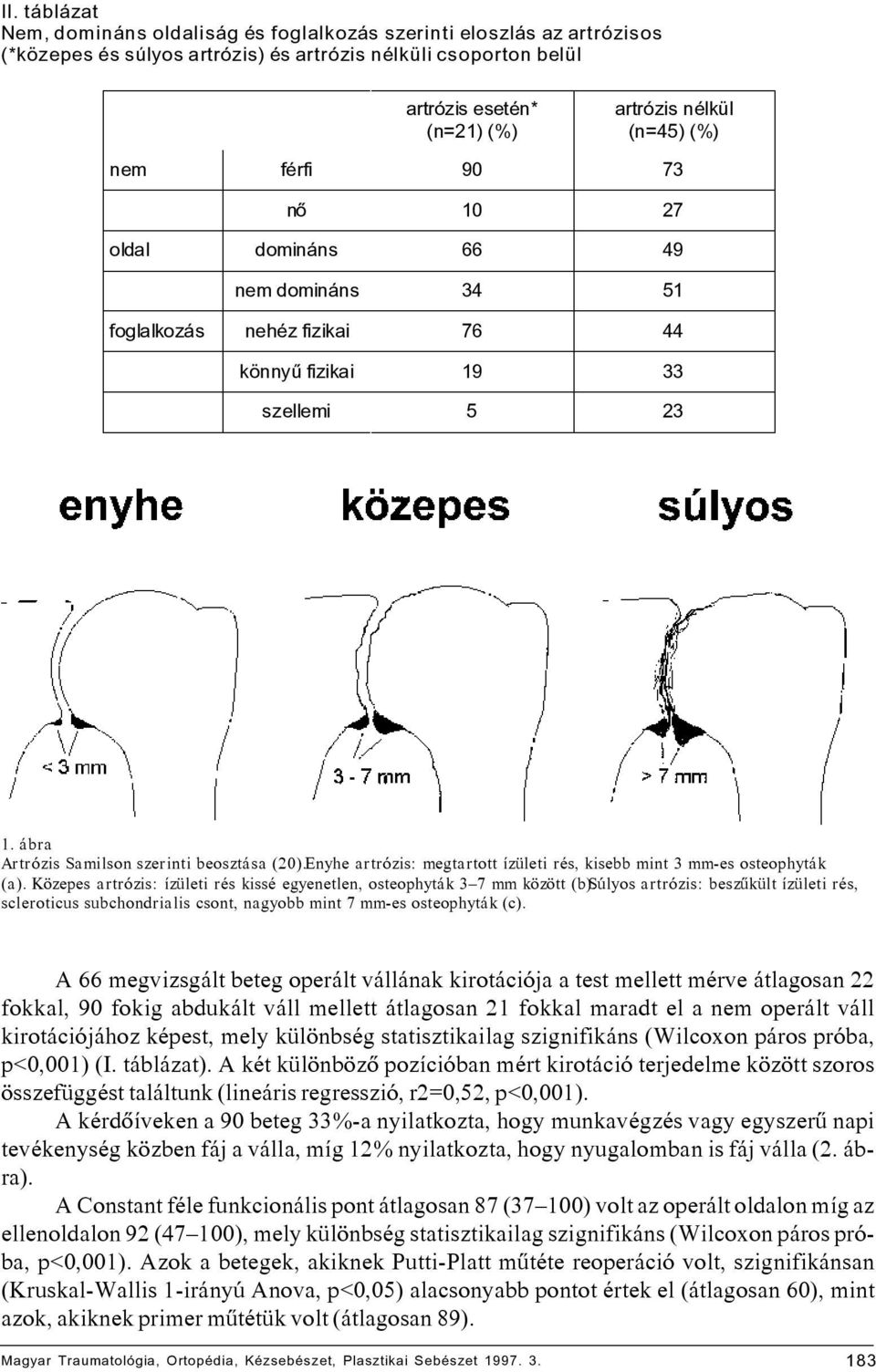 Enyhe artrózis: megtartott ízületi rés, kisebb mint 3 mm-es osteophyták (a). Közepes artrózis: ízületi rés kissé egyenetlen, osteophyták 3 7 mm között (b).