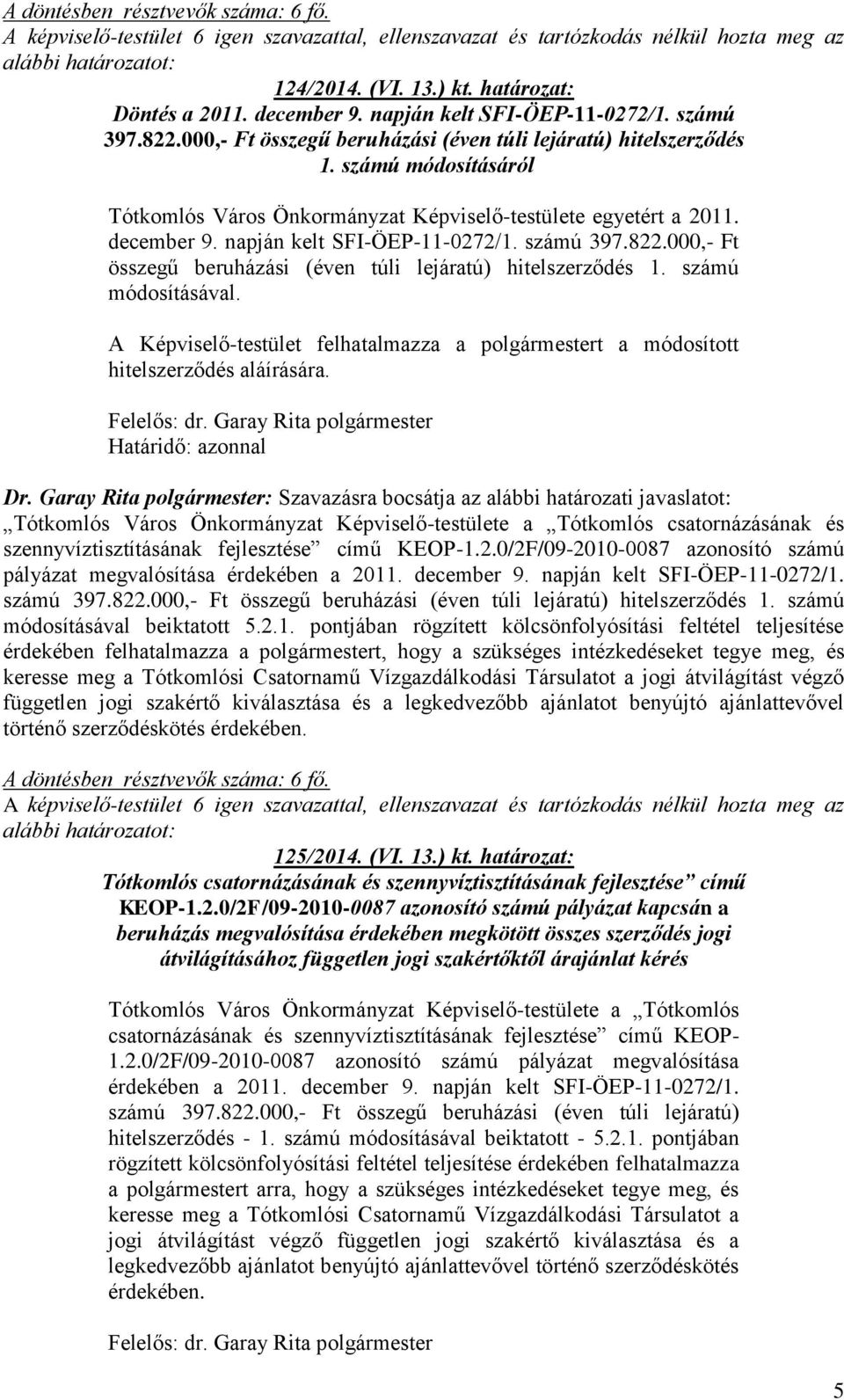 számú módosításáról Tótkomlós Város Önkormányzat Képviselő-testülete egyetért a 2011.  számú módosításával. A Képviselő-testület felhatalmazza a polgármestert a módosított hitelszerződés aláírására.